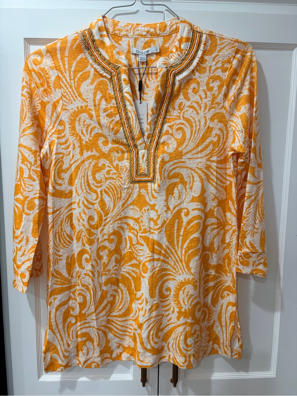 Chico's Orange and Cream Beaded-Trim Tunic, %100 Linen. Stunning!